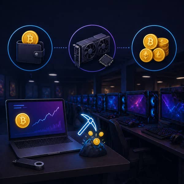Cryptocurrency mining in a cybercafe using gaming PCs with GPU mining setup, crypto wallet, and remote monitoring system, showing how internet cafes can use idle computers for crypto mining and additional passive income in 2025