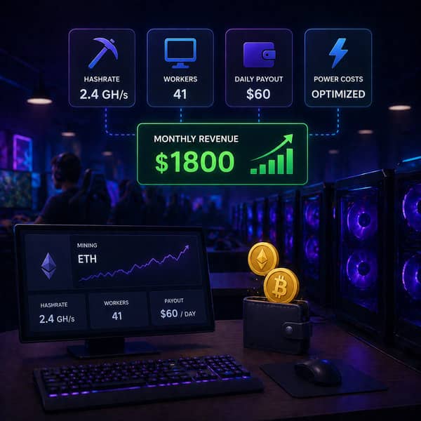 Cybercafe cryptocurrency mining revenue dashboard showing ETH mining income, GPU hashrate, connected workers, daily payouts, and monthly profit from idle gaming PCs, explaining how gaming center owners can earn additional income from crypto mining in 2025