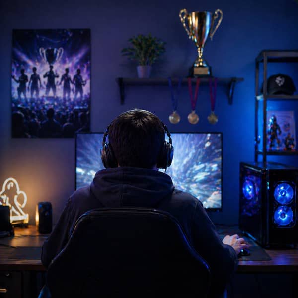 Aspiring esports player building a professional gaming career with gaming PC setup, trophies, training environment, and competitive mindset, representing the path to becoming a pro player, content creator, or esports team manager in 2025.