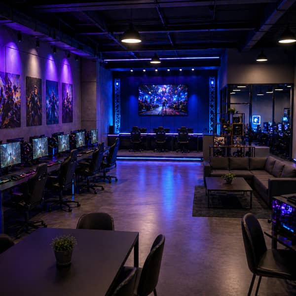 Professional esports organization facility with gaming center, tournament stage, team training area, coaching space, and streaming lounge designed for competitive gaming teams, local esports tournaments, player development, and gaming community events in 2025