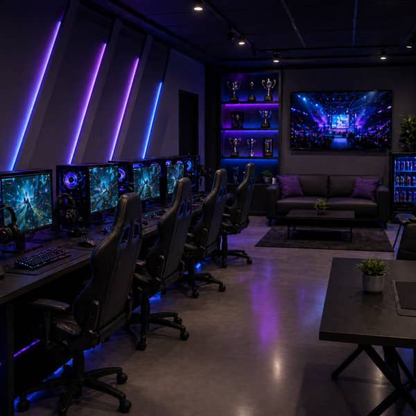 Modern esports arena with professional gaming PCs, tournament setup, streaming lounge, and team practice area designed for competitive gaming, esports tournaments, sponsorship events, and gaming center business growth in 2025