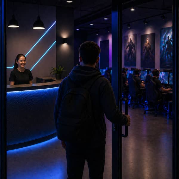 Guest entering a modern gaming center with stylish reception desk, premium esports setup, clean interior, and welcoming atmosphere, showing how offline first impressions influence customer loyalty and repeat visits in gaming venues in 2025