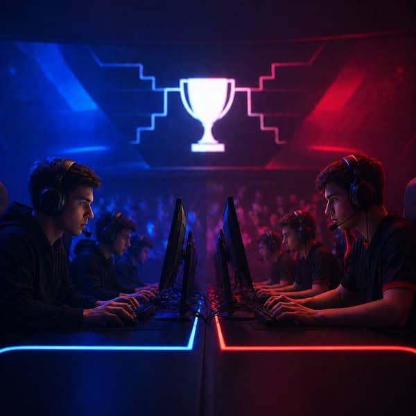 Professional esports tournament with two teams competing on gaming PCs in a digital arena, showing what esports means through competitive video gaming, team strategy, and high-level multiplayer matches in modern esports industry in 2025