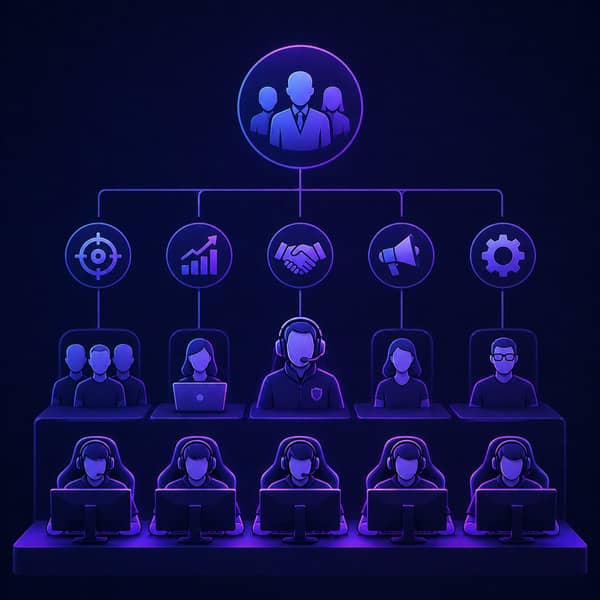Esports organization structure showing professional players, coaches, managers, marketing team, analysts, and business operations, illustrating how an esports organization works as a full-scale company in the competitive gaming industry in 2025