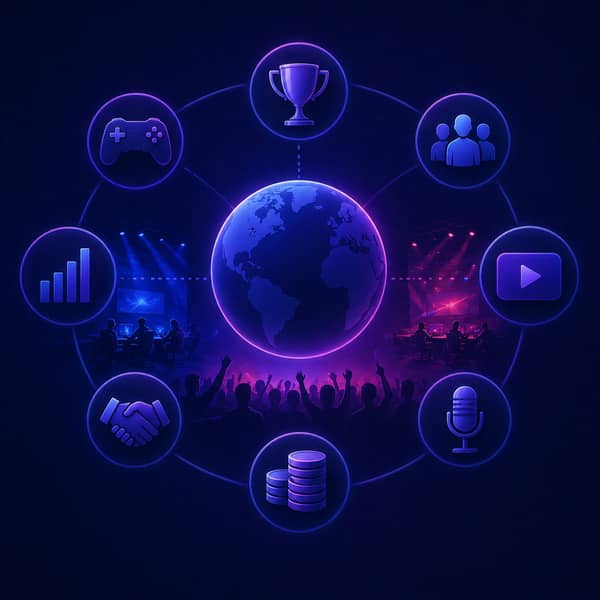 Global esports industry ecosystem showing tournaments, teams, sponsorships, streaming, audience growth, and new business opportunities, illustrating esports trends, future development, and the expanding competitive gaming market in 2025