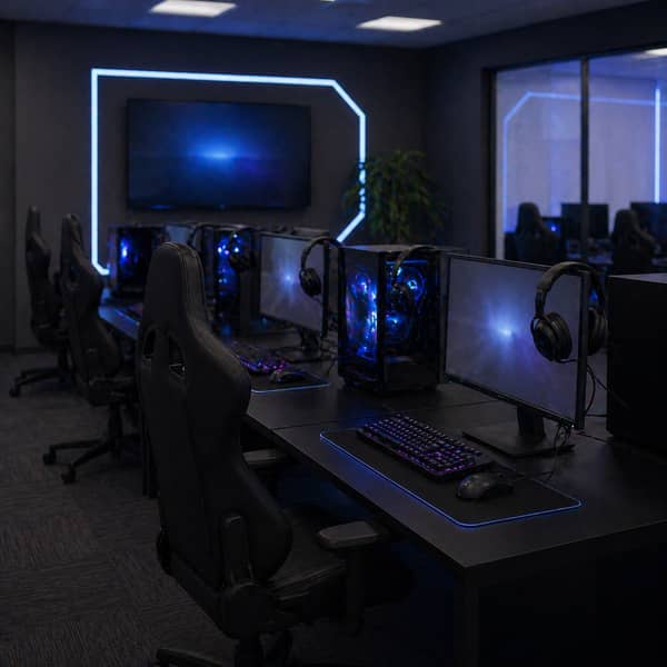 Smart esports lab infrastructure with high-performance gaming PCs, ergonomic chairs, professional monitors, esports software setup, and flexible university gaming space designed for competitive training, education, and modern esports facility management in 2025