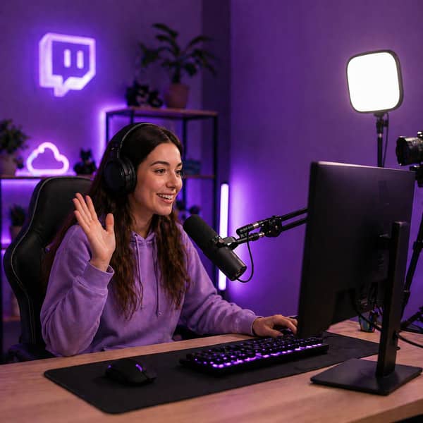 Twitch streamer creating live gaming content with professional streaming setup, webcam, microphone, headset, and gaming PC, showing how to become a successful Twitch streamer for gaming and Just Chatting content in 2025