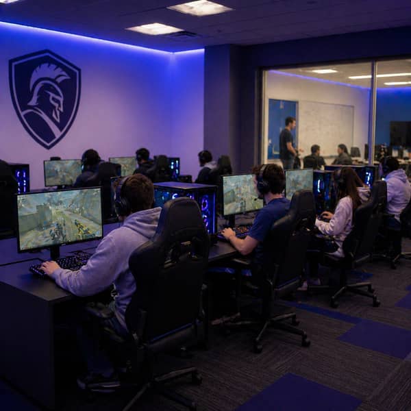 University esports lab with students using high-performance gaming PCs, coaching space, and team practice area designed for esports education, digital skills development, student engagement, and career readiness on modern college campuses in 2025