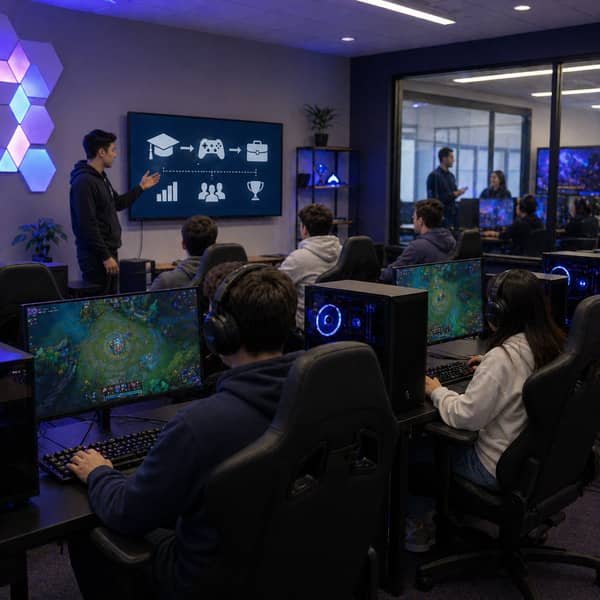 University esports lab integrated into academics with students using gaming PCs, classroom coaching, and esports education programs supporting STEM learning, esports business, broadcasting, internships, and long-term career development in gaming and technology in 2025