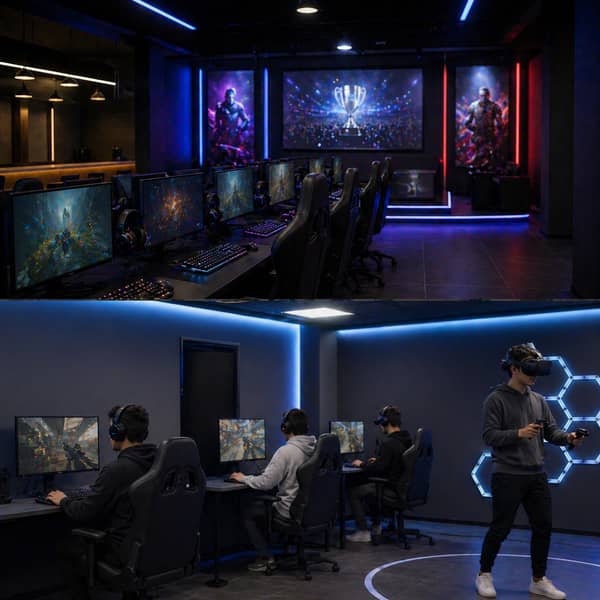 Modern gaming venue transformed from an internet cafe into a premium esports center with tournament setup, PC gaming zone, console training area, and VR gaming space, showing a flexible business model for esports venue growth in 2025