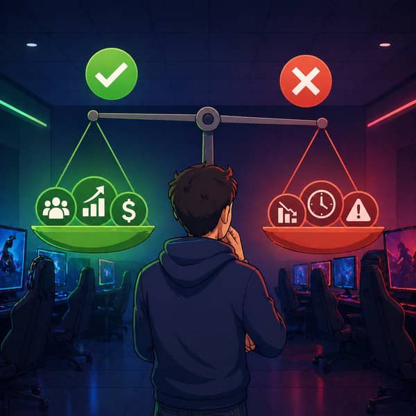 Business owner evaluating pros and cons of opening a gaming venue, comparing advantages like revenue growth and community demand with challenges such as costs and management, inside a modern esports center business environment in 2025