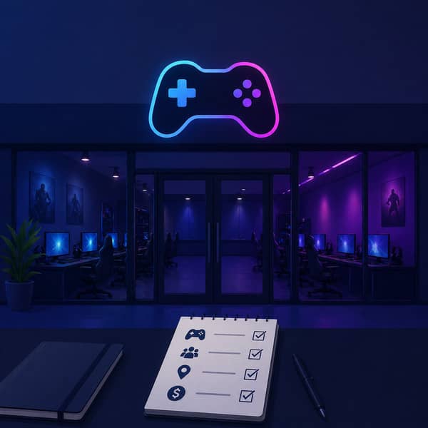 Gaming venue business plan concept showing esports center branding, venue layout, business checklist, and naming strategy for opening a successful gaming center, highlighting planning steps for launching a modern esports venue business in 2025