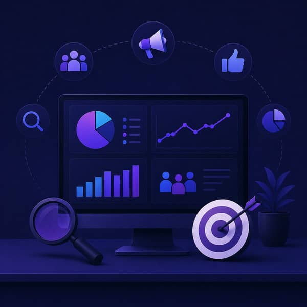 Marketing analysis and strategy for a gaming venue business showing market research dashboard, audience targeting, competitor analysis, and growth planning, helping esports center owners build a successful business plan and reduce operational risks in 2025