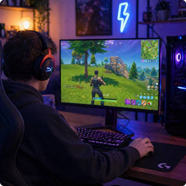 Young gamer playing Fortnite on a gaming PC with RGB setup, headset, and large monitor, showing ranked Fortnite gameplay, building mechanics, and competitive battle royale experience in 2025
