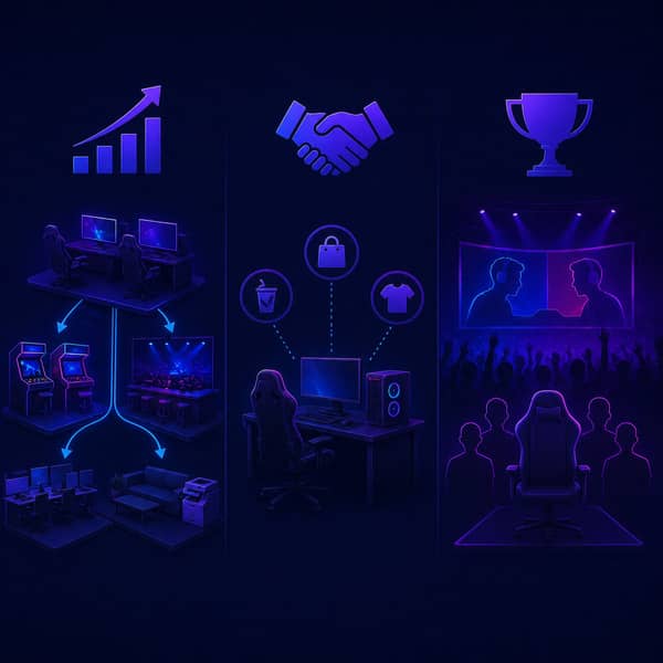 Cybercafe business growth opportunities showing scalability into esports bar, gaming lounge, training center, bootcamp facility, and local tournament venue, with business collaborations and pathways to professional esports development in 2025