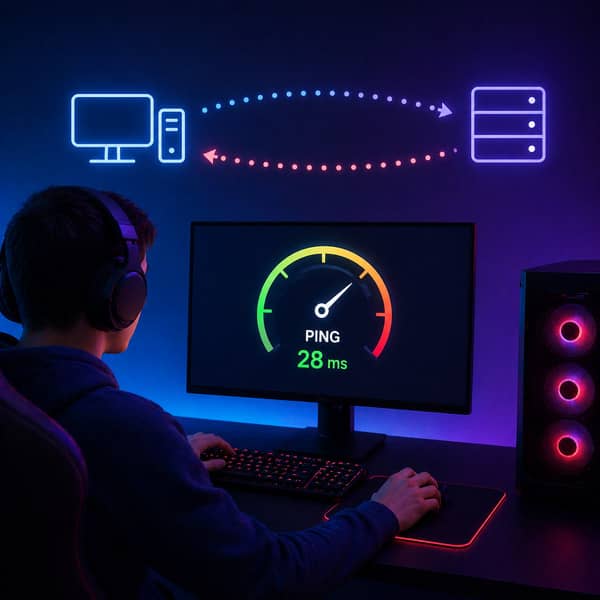 Gamer checking ping and server connection on a gaming PC setup, showing low latency, stable internet connection, and fast response time for competitive online gaming, explaining what ping means in gaming in 2025