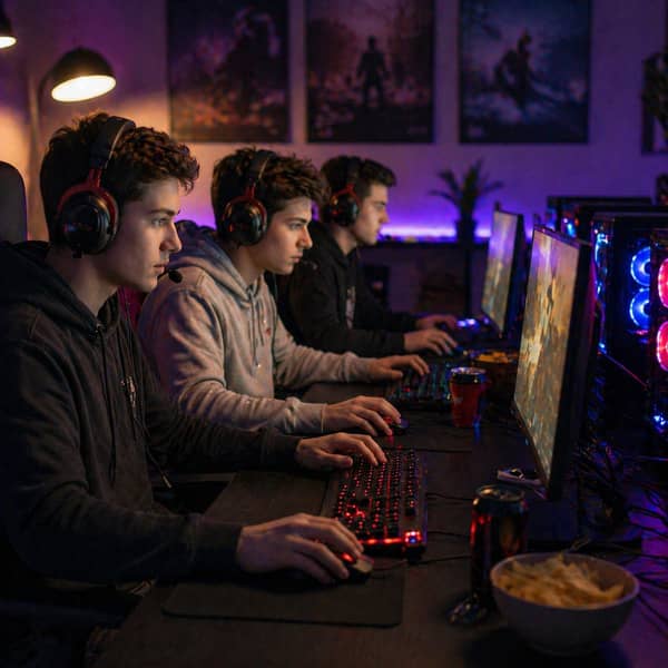 LAN party gaming culture with friends playing side by side on gaming PCs in one row, connected through a local network with low-latency multiplayer setup, snacks, RGB computers, and classic face-to-face social gaming experience in 2025