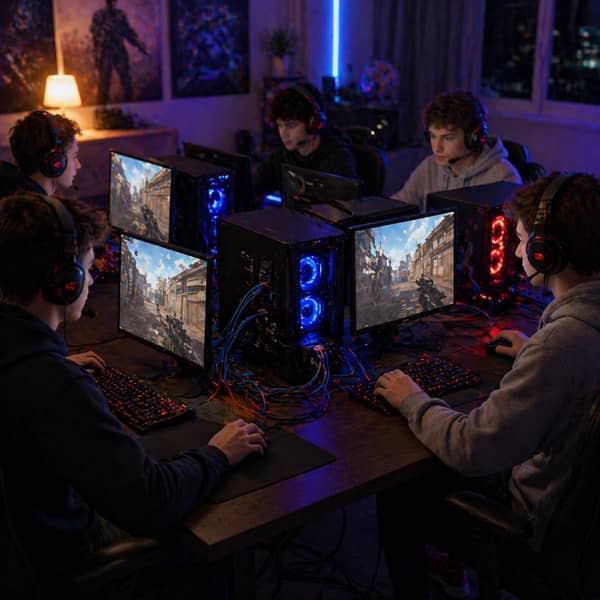 LAN party gaming setup with players connected through a local area network using gaming PCs, monitors, Ethernet cables, and low-latency multiplayer gameplay, showing the difference between LAN gaming and online gaming for competitive esports in 2025