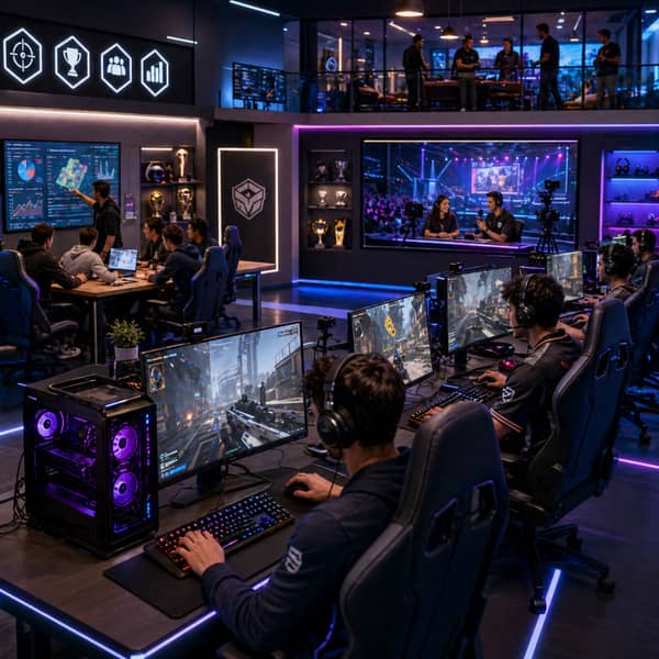 Modern esports lab with high-performance gaming PCs, professional players, coaching area, streaming studio, and analytics room inside a university esports center designed for competitive gaming training, education, and esports research in 2025.