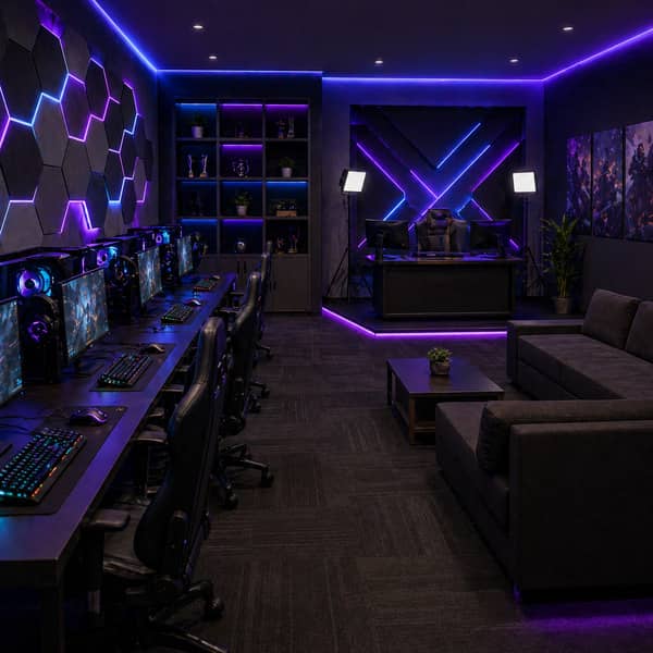 Modern esports lab interior with gaming PCs, ergonomic chairs, streaming setup, coaching space, and lounge area designed for competitive gaming training, university esports programs, team practice, and professional content creation in 2025.
