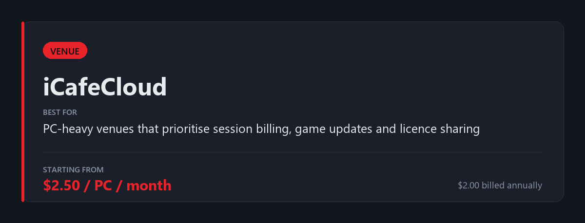 iCafeCloud: venue management software for PC-heavy gaming centres, from $2.50 per PC per month