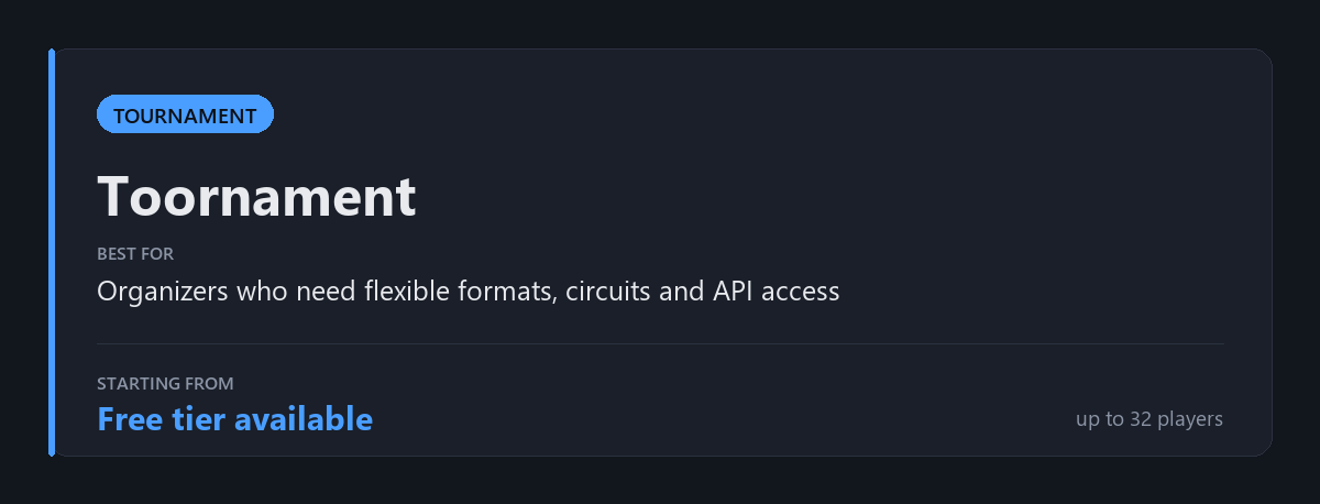 Toornament: tournament platform with flexible formats, circuits and API access, free tier available