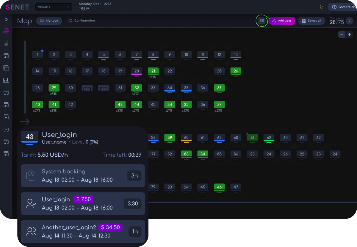 SENET gaming center management dashboard